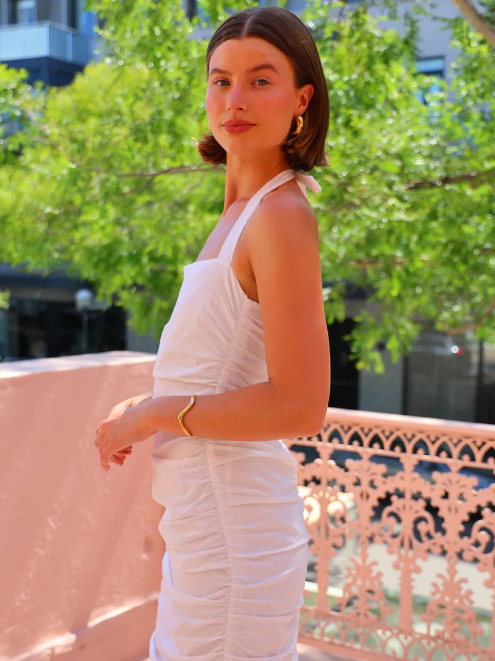 By Nicola Bay Linen Halter Neck Gathered Dress in^ White Edit | Party