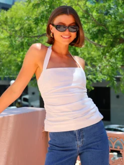 By Nicola Bay Linen Halter Neck Top in^ White Edit | Bride To Be