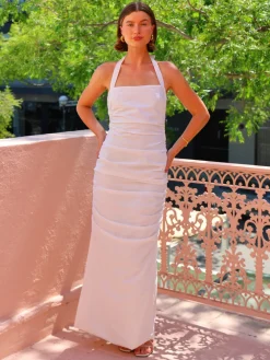 By Nicola Bay Linen Halter Neck Gathered Dress in^ White Edit | Party