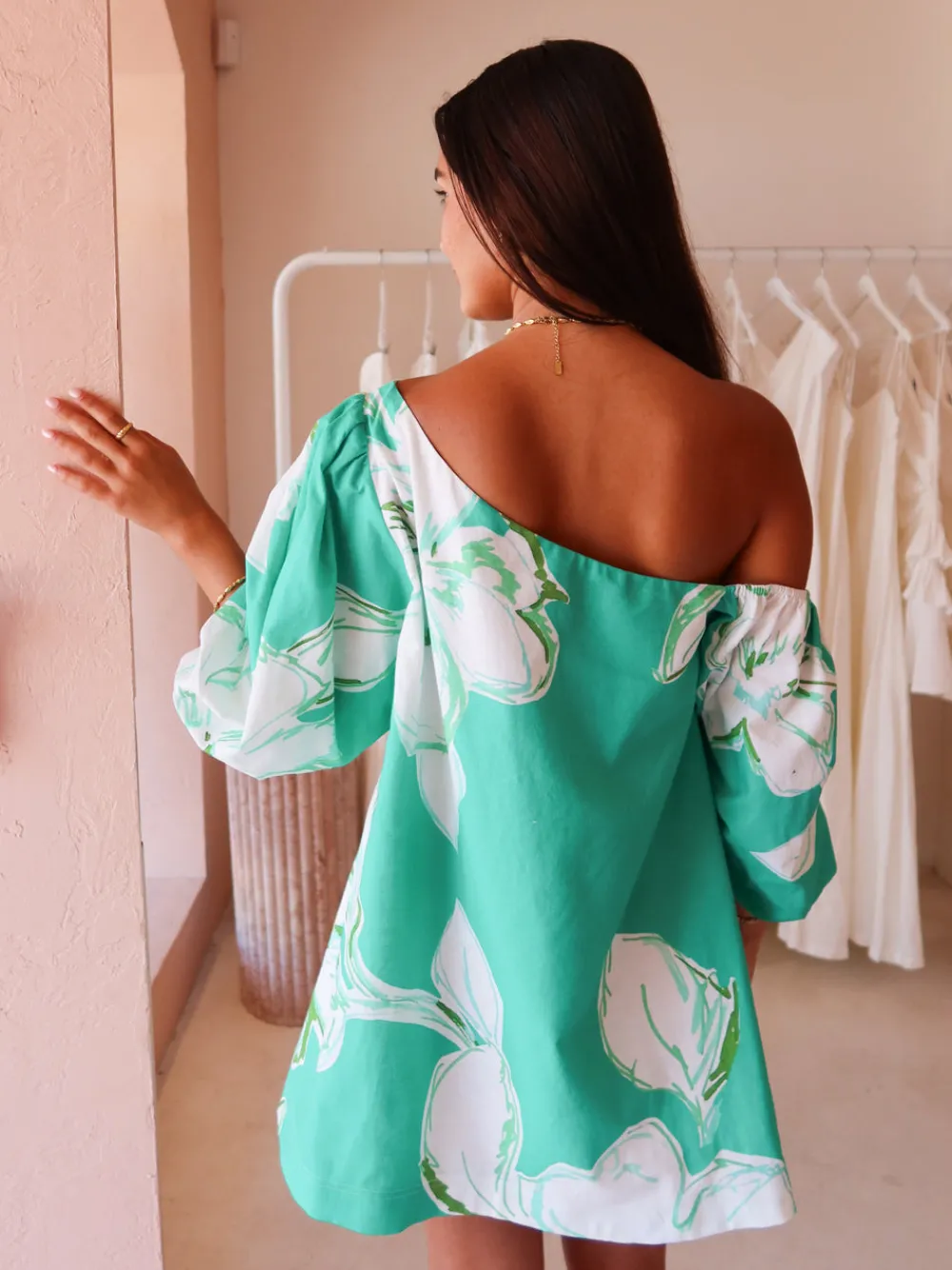 By Nicola Capri Off Shoulder Relaxed Mini Dress in^ Bump Friendly | Mini