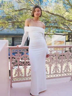 By Nicola Off the Shoulder Maxi Dress in^ White Edit | Bride To Be