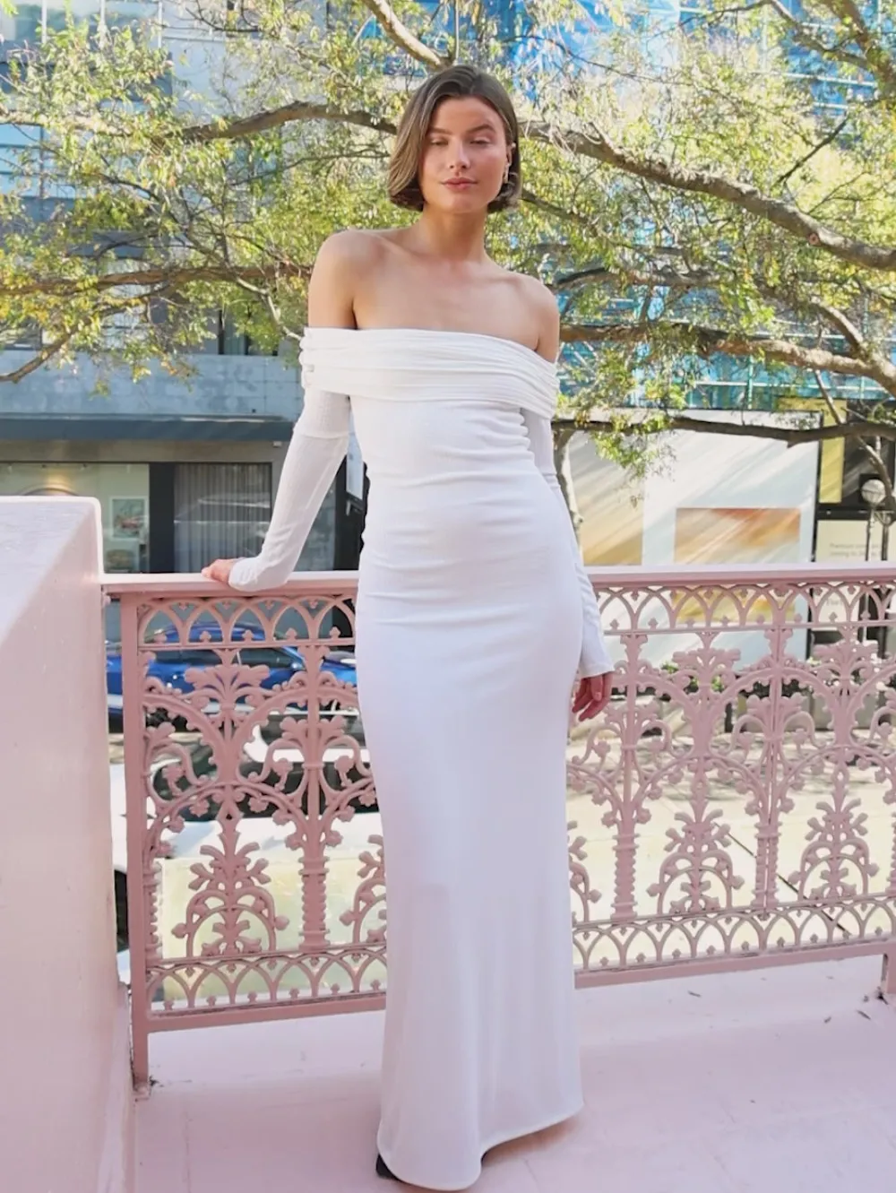 By Nicola Off the Shoulder Maxi Dress in^ White Edit | Bride To Be