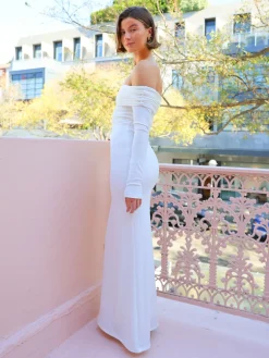 By Nicola Off the Shoulder Maxi Dress in^ White Edit | Bride To Be