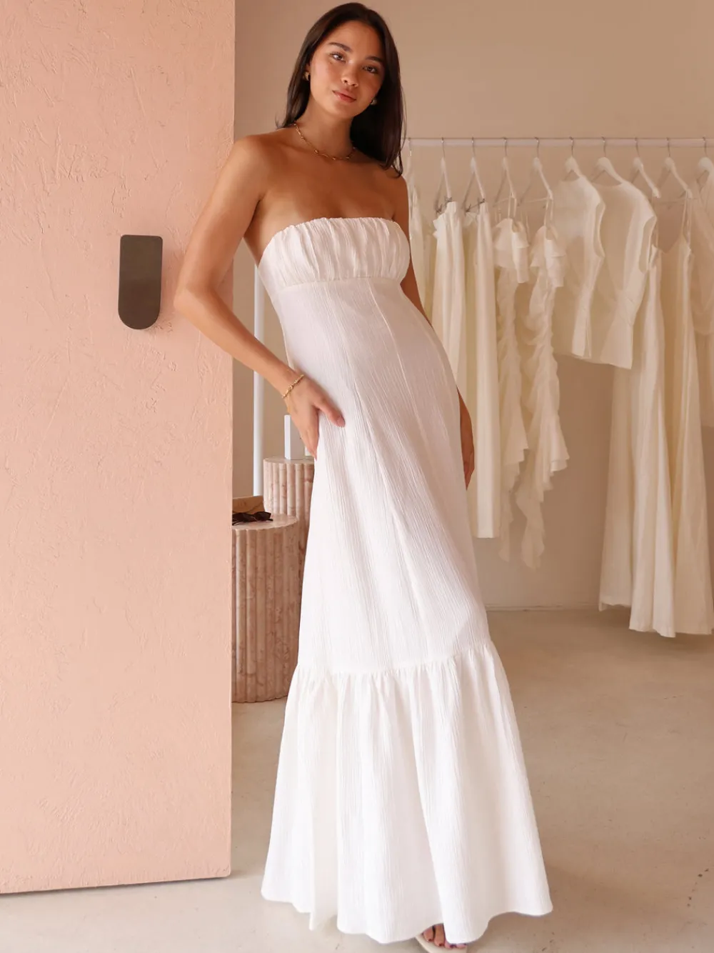 By Nicola Viva Strapless Maxi Dress in^ White Edit | Bump Friendly